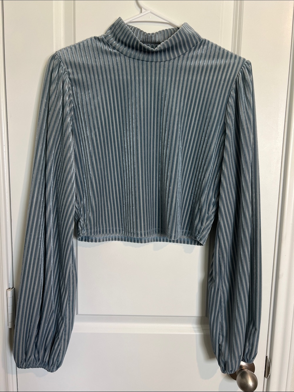 Altar'd State Steel Blue Striped Cropped Mock Neck Top with Puff Sleeves